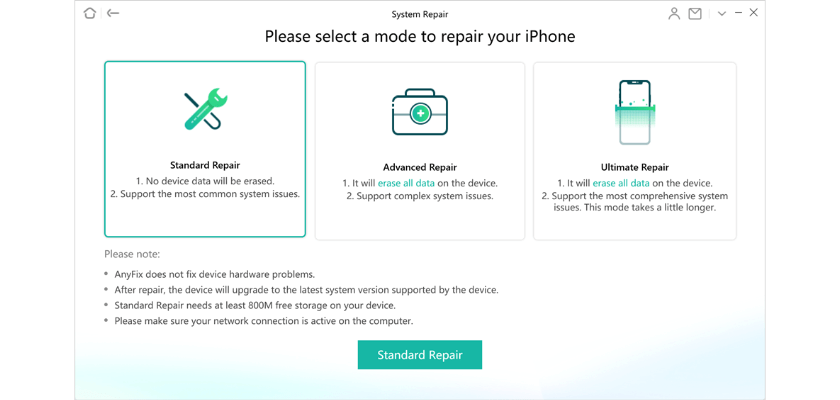 Select an iPhone repair mode